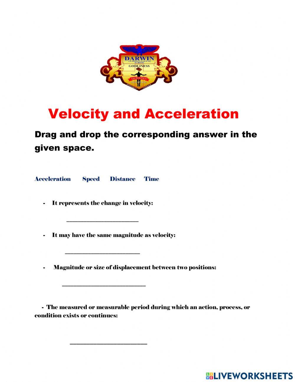 Velocity and Acceleration worksheet Live Worksheets