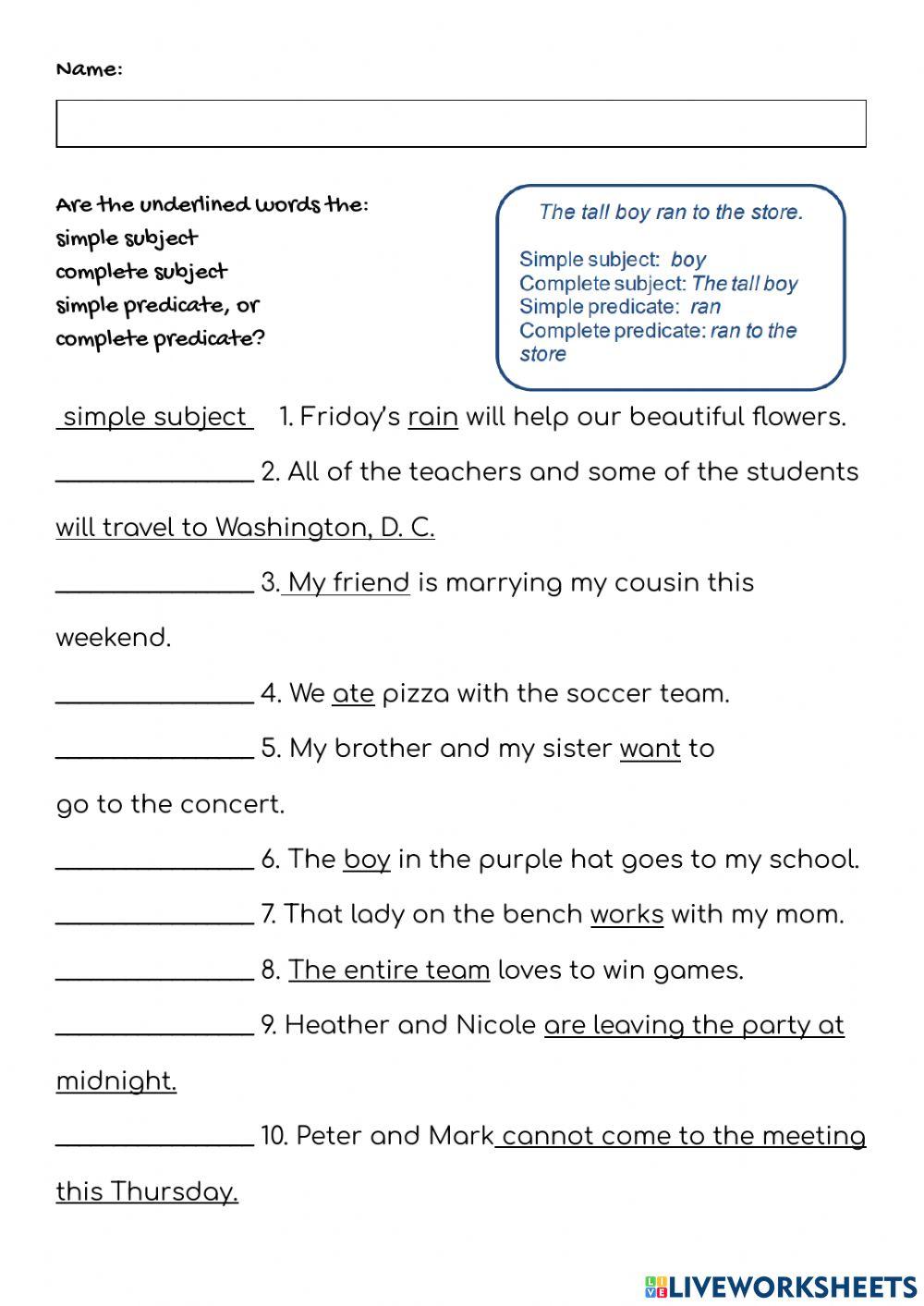 Subject and Predicates worksheet Live Worksheets
