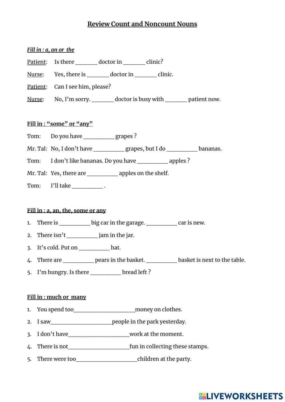 Count And Noncount Nouns Wordwall