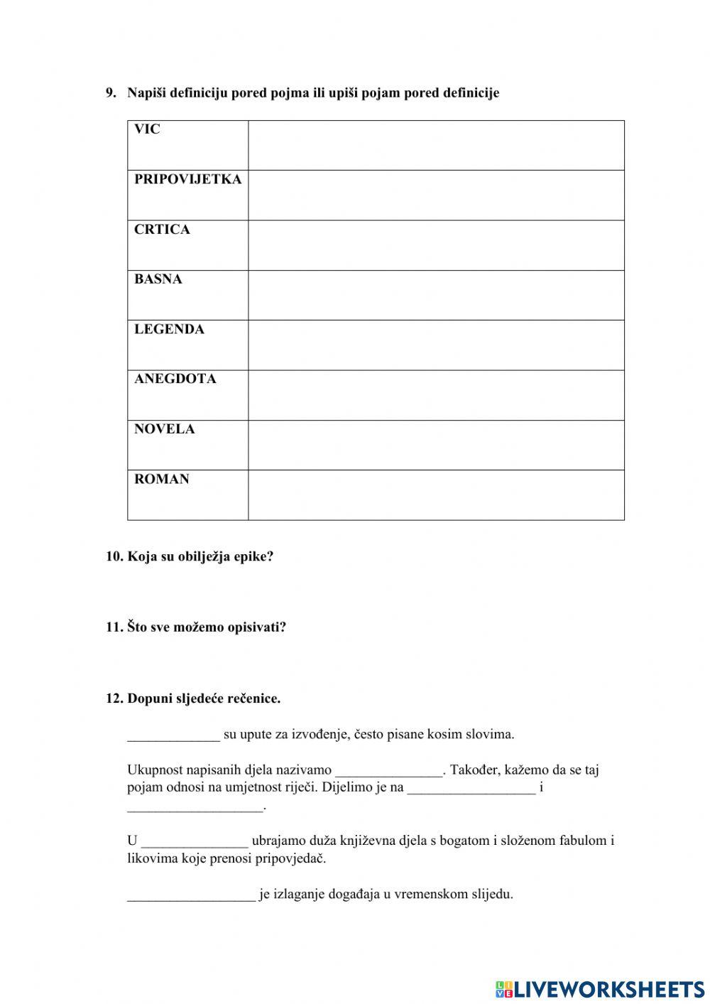 Epika, ponavljanje za test