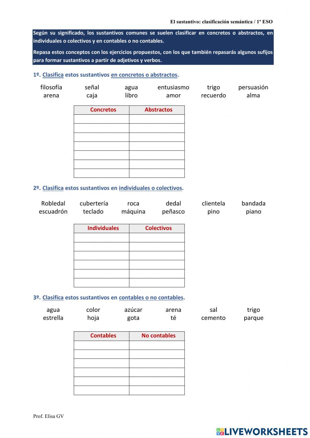 Clasificación semántica de sustantivos worksheet | Live Worksheets