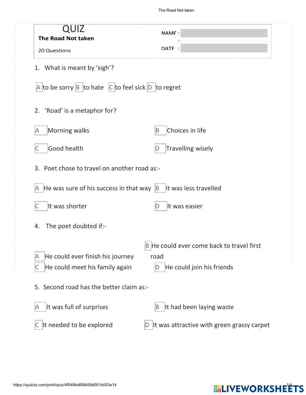 The Road not Taken Quiz 20 questions