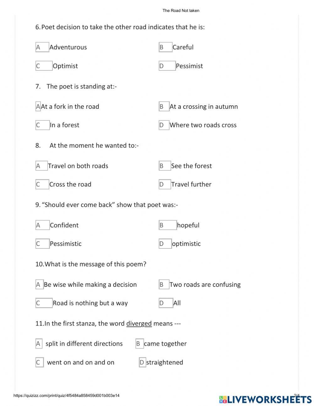 The Road not Taken Quiz 20 questions