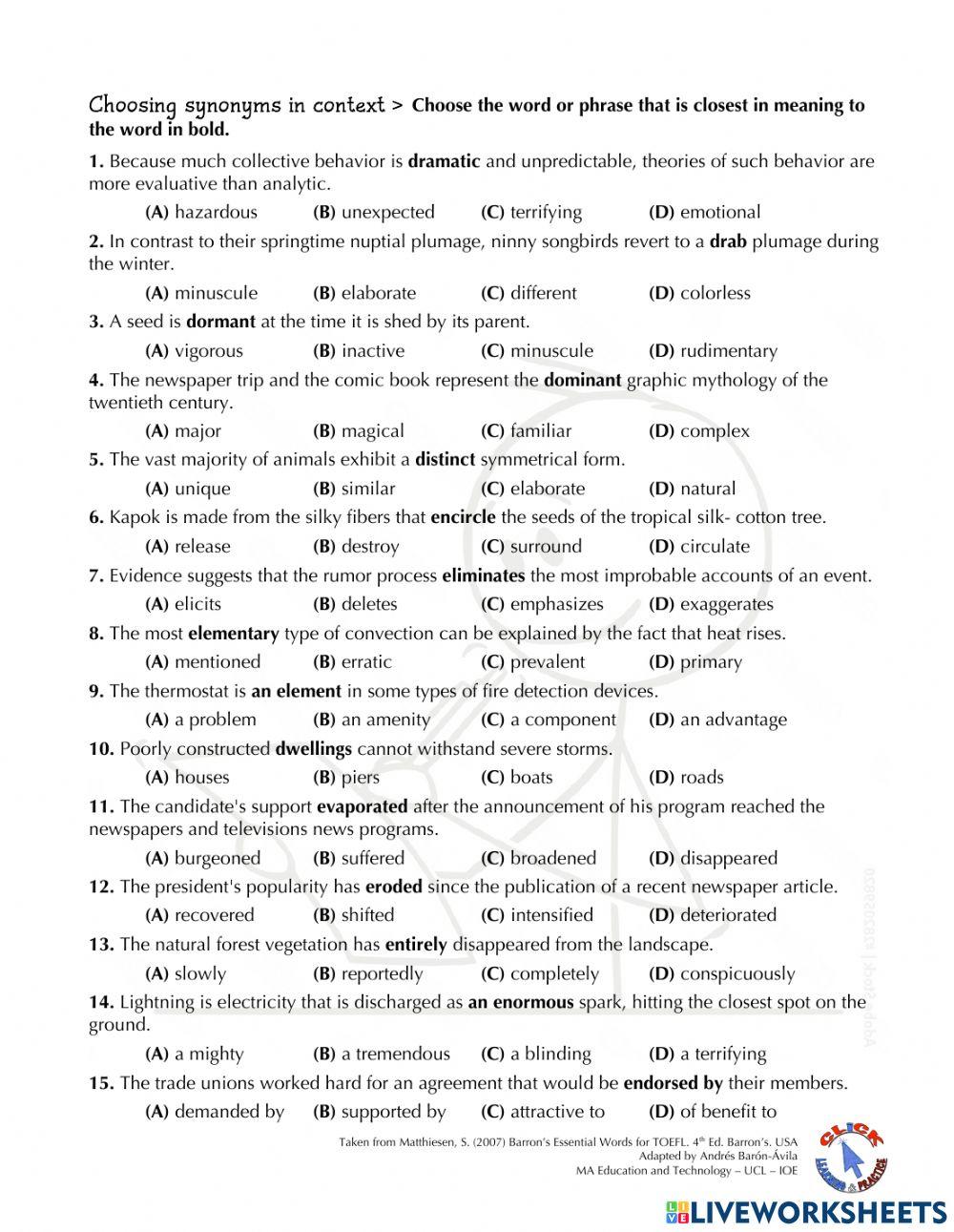 Vocabulary Ex.: Essential Words for the TOEFL (IV)