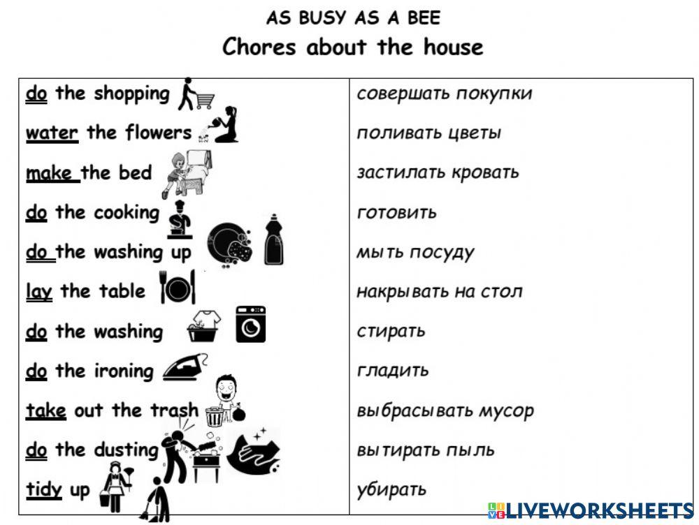 Chores about the house vocabulary