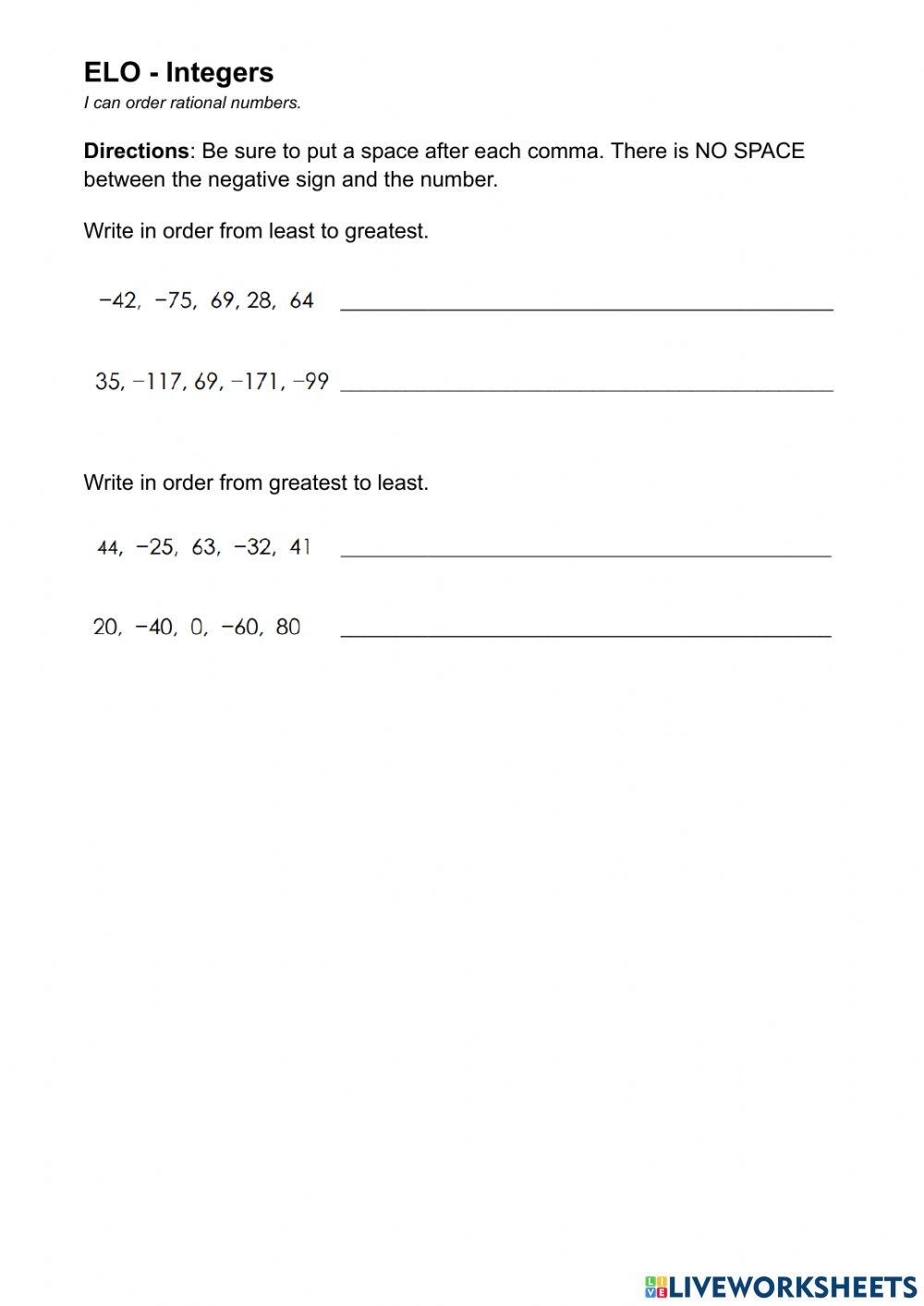 ELO Order Integers worksheet Live Worksheets
