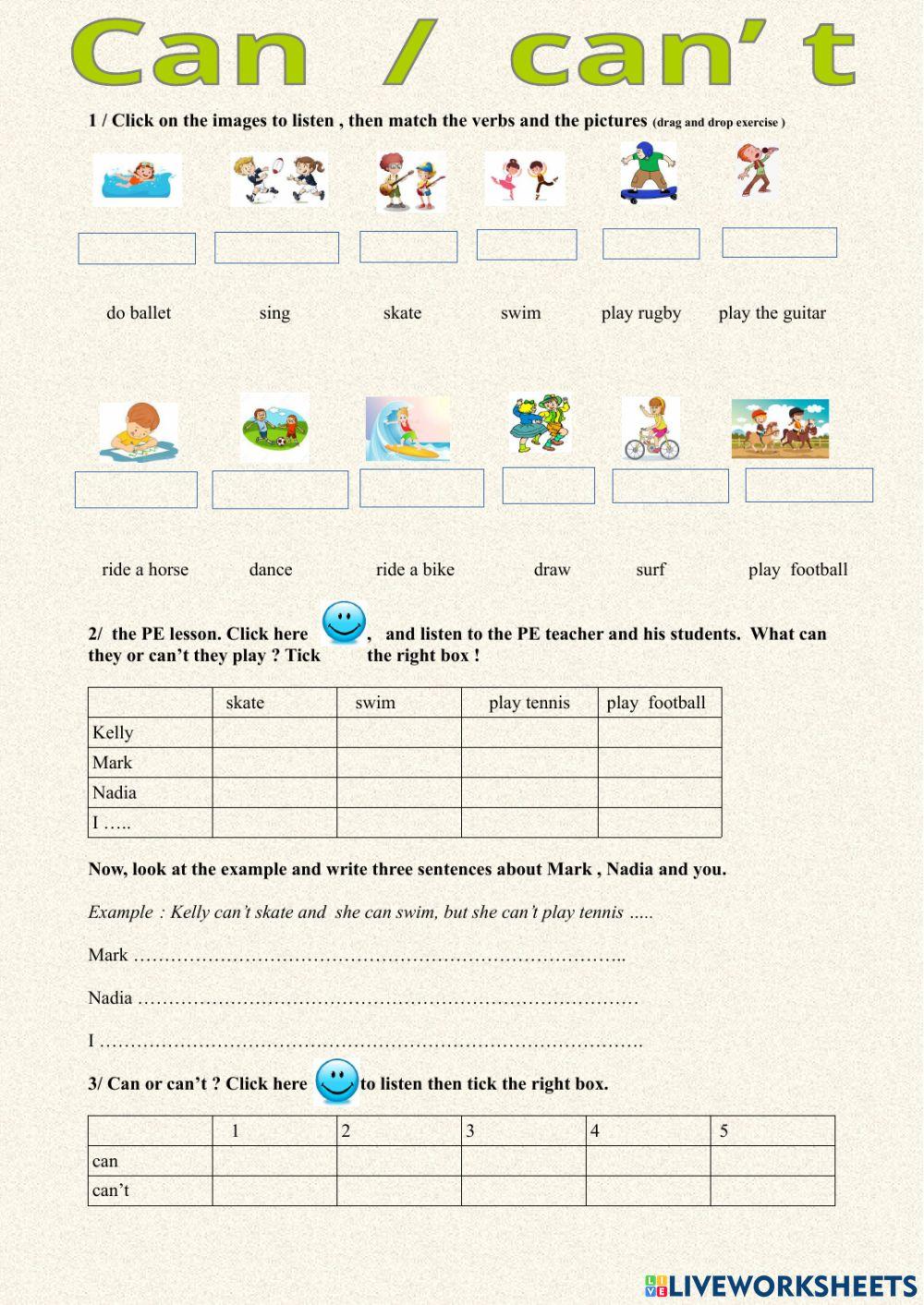 Can-can't (adapted from Enjoy English 6ème Can-can't (adapted from Enjoy English 6ème
