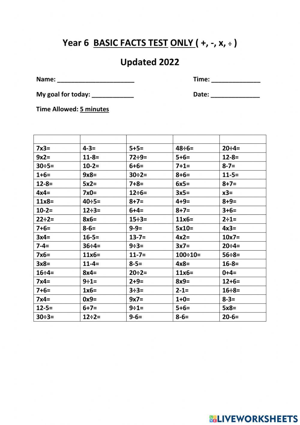 Basic Facts Year 6 interactive worksheet | Live Worksheets
