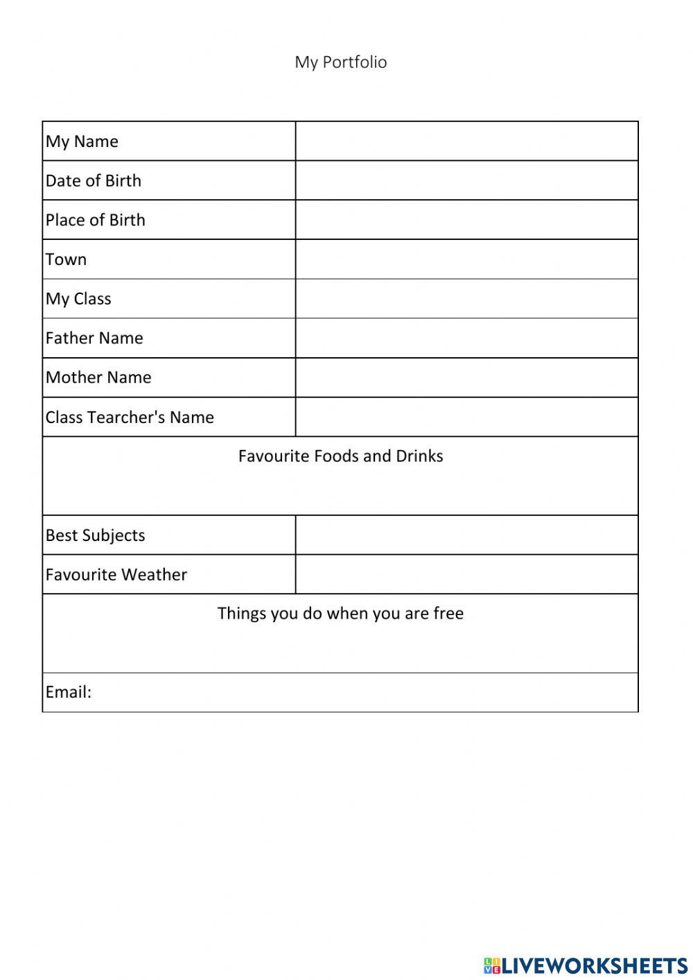 Form filling my portfolio online exercise for live worksheets