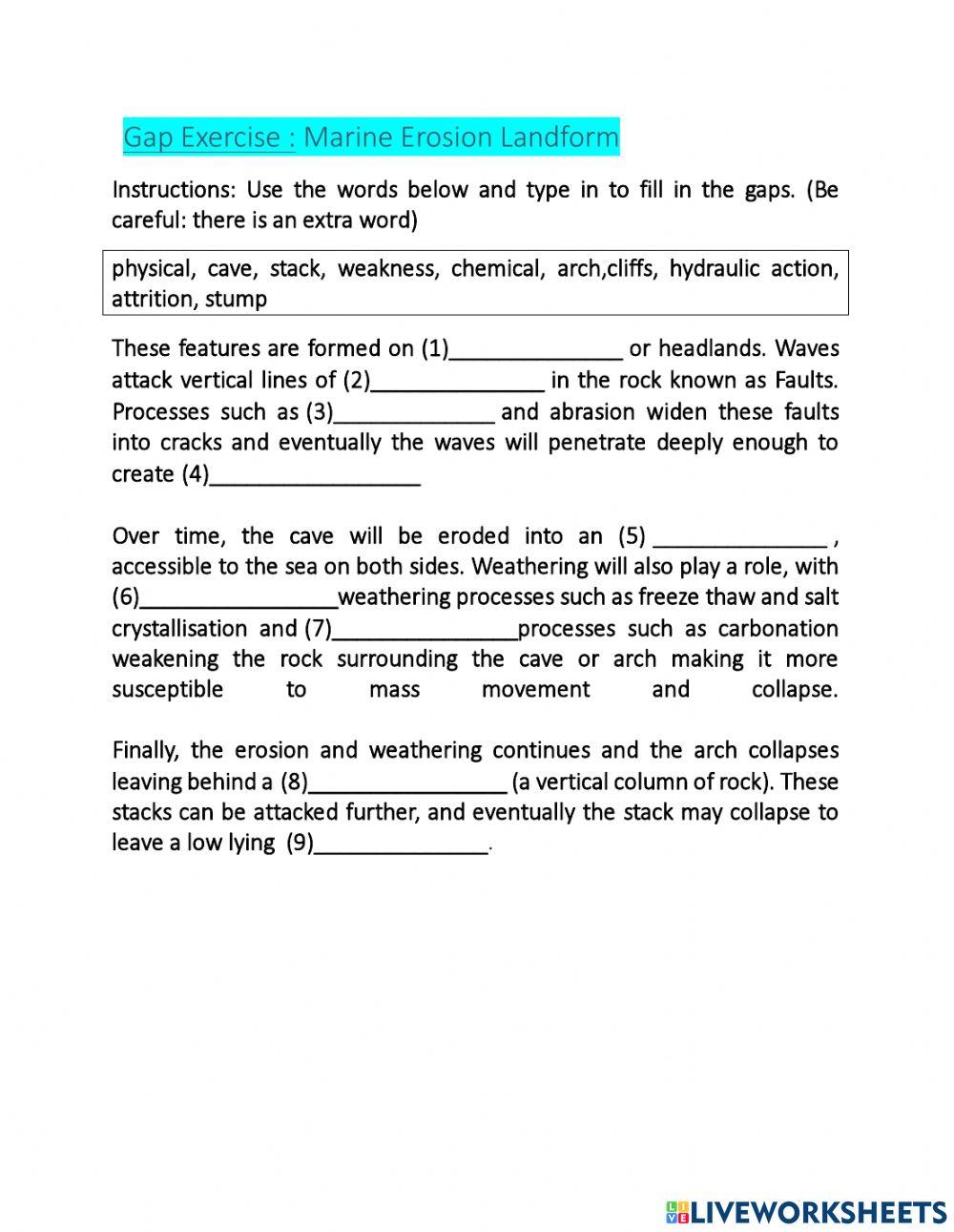 Coastal erosion landform gap exercise online exercise for live