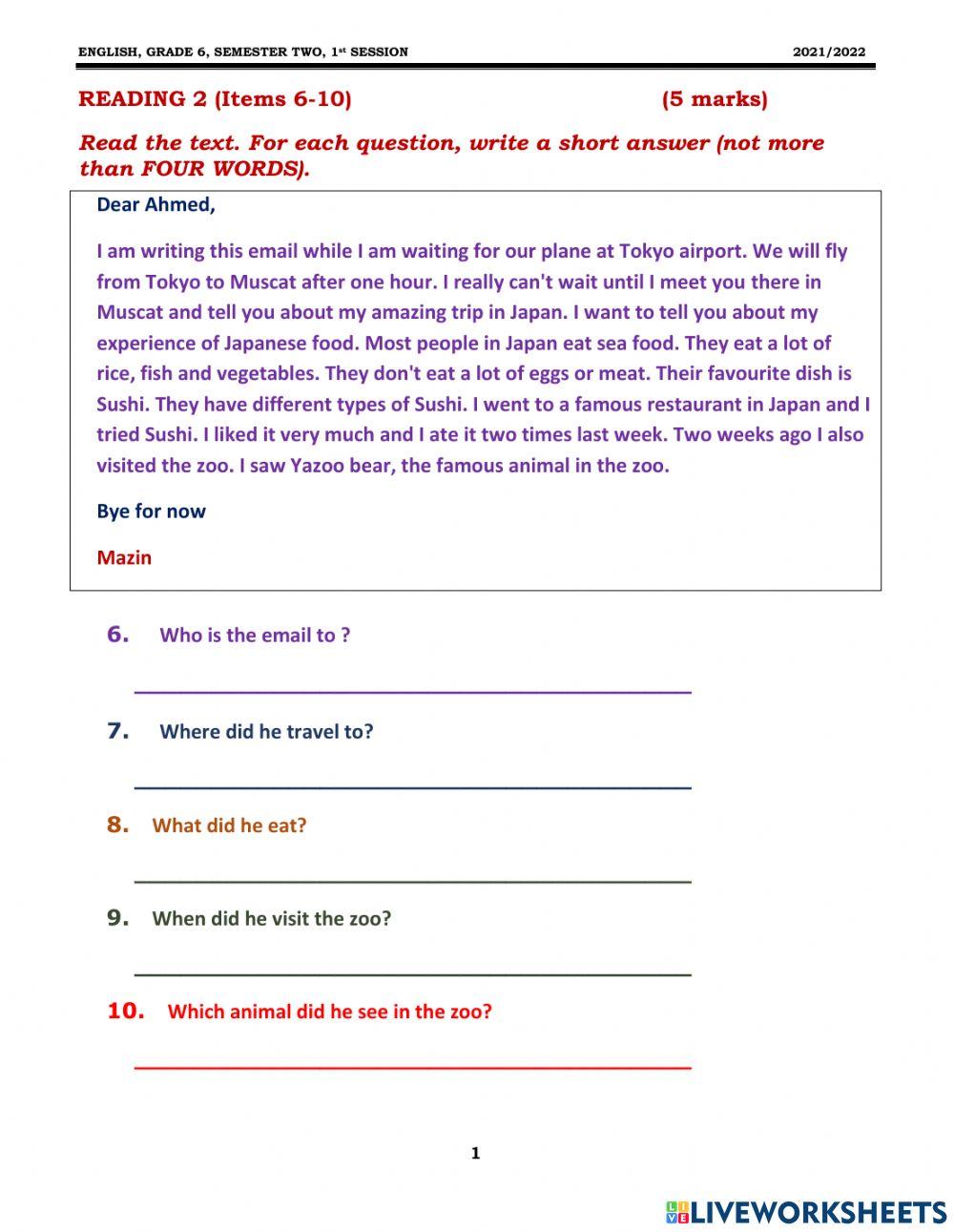 Grade 6 Reading 2  S 2