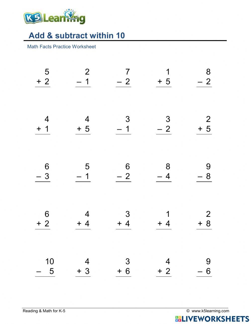 Addition Subtraction Facts Practice 2 online exercise for Live Worksheets