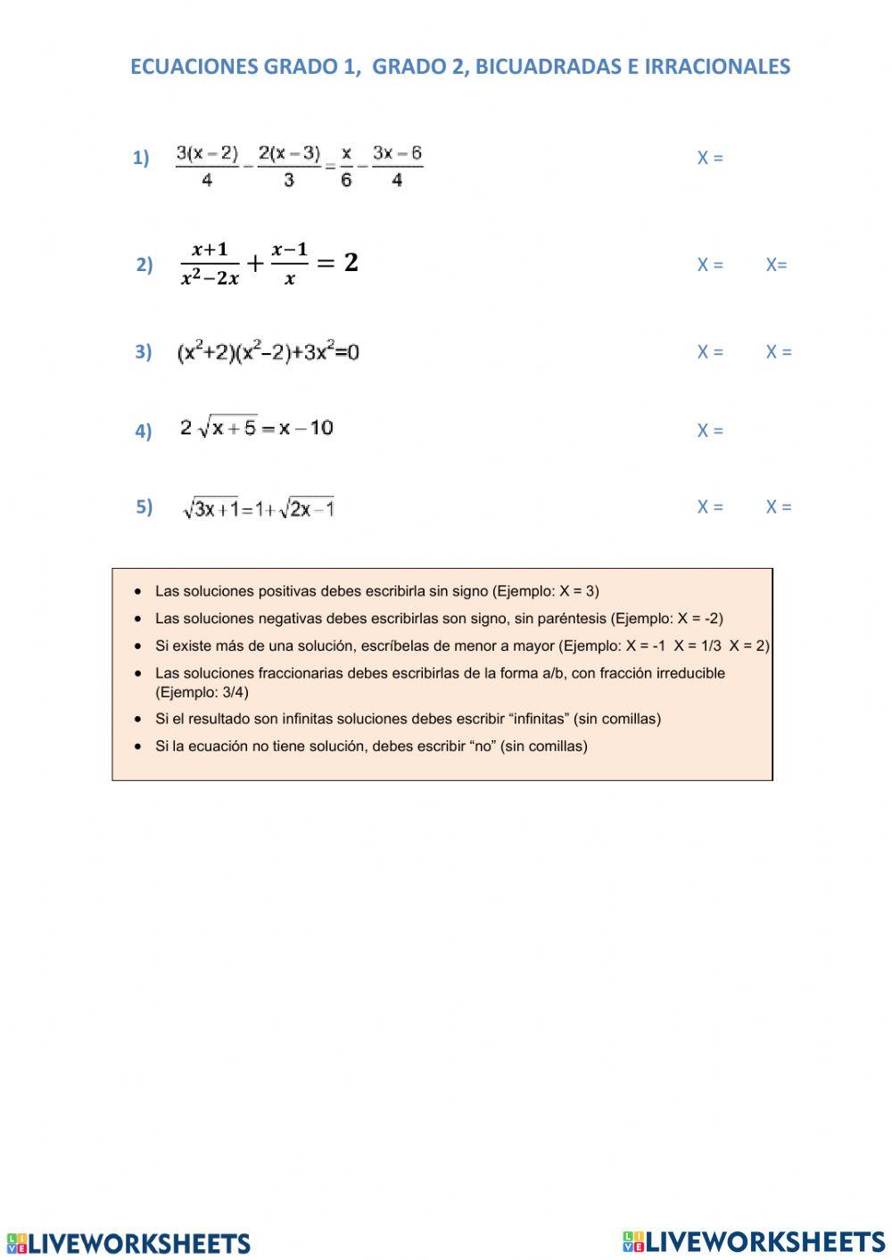 Ecuaciones polinómicas, bicuadrada, racional, irracional