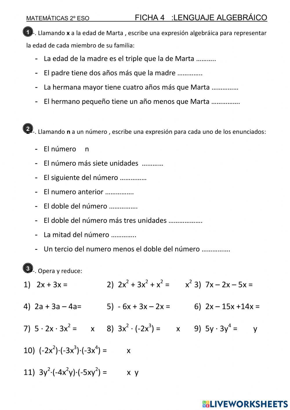Ficha lenguaje algebraico