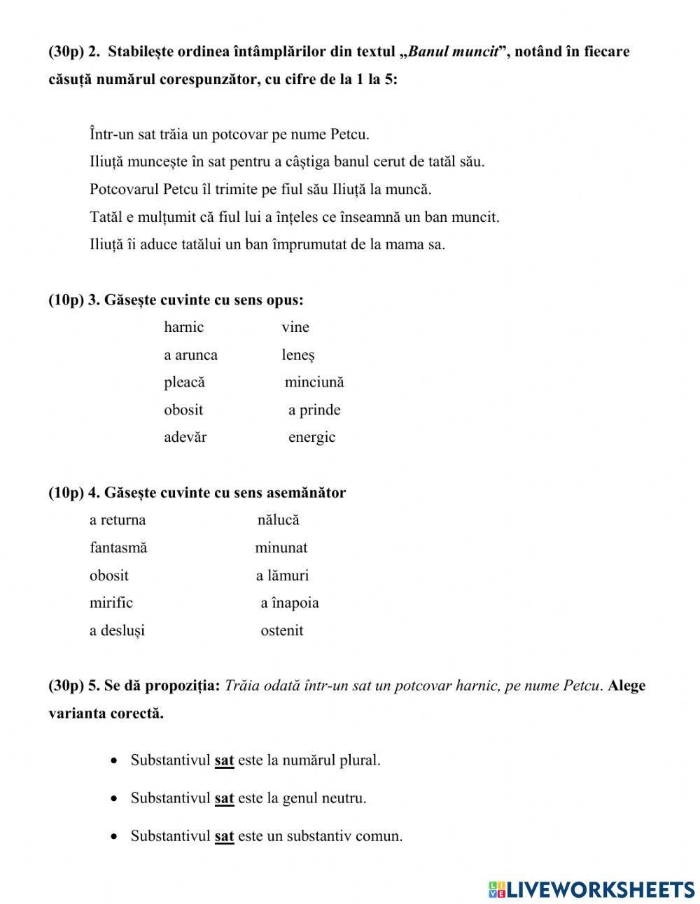 Test de evaluare, clasa a IV-a