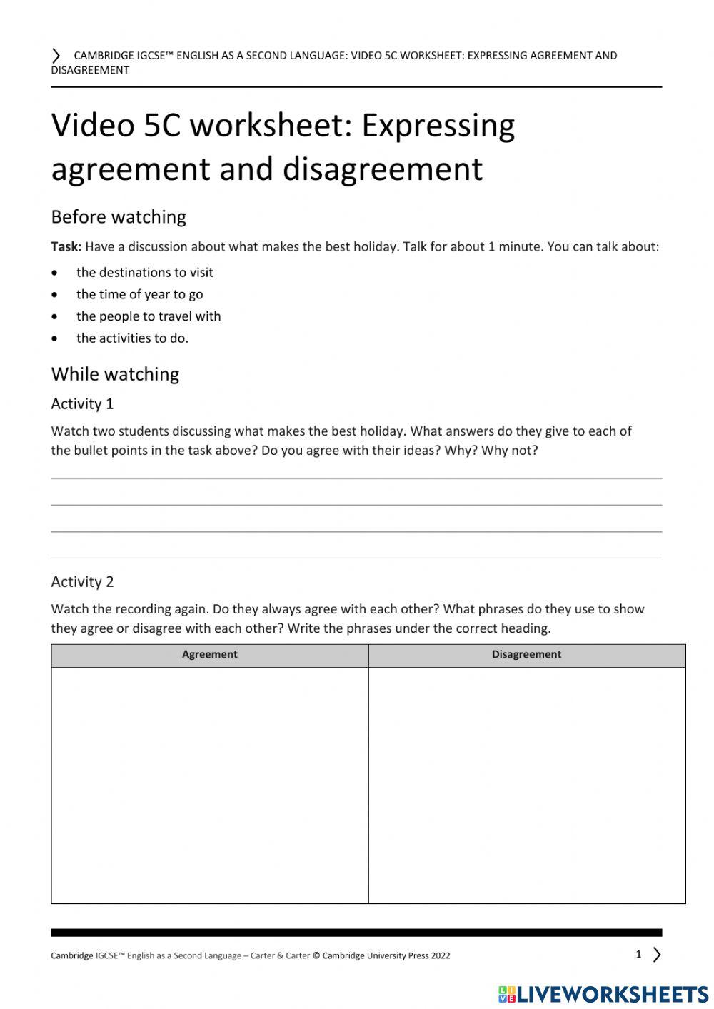 worksheet agree - disagreement