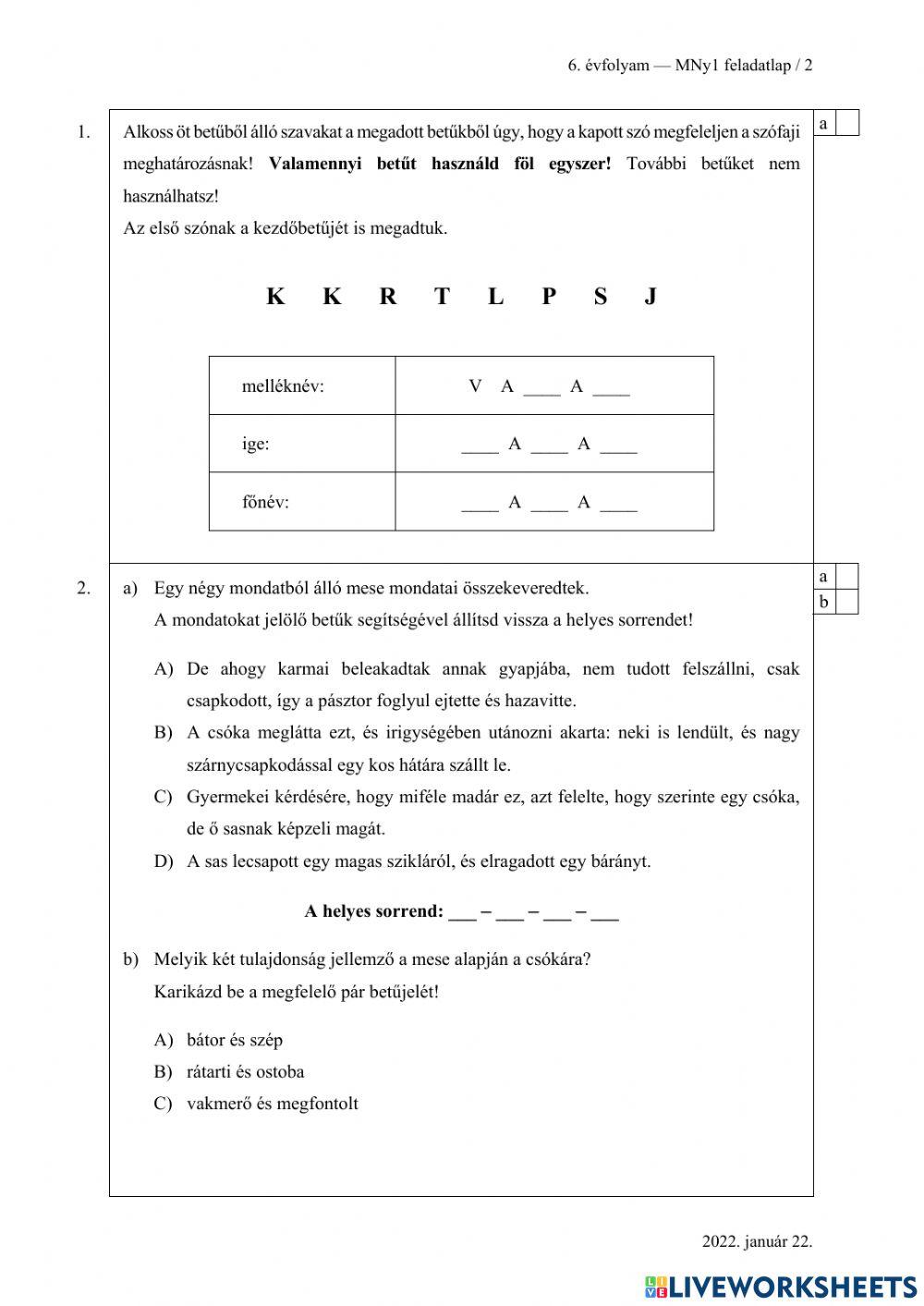 6. osztályos felvételi