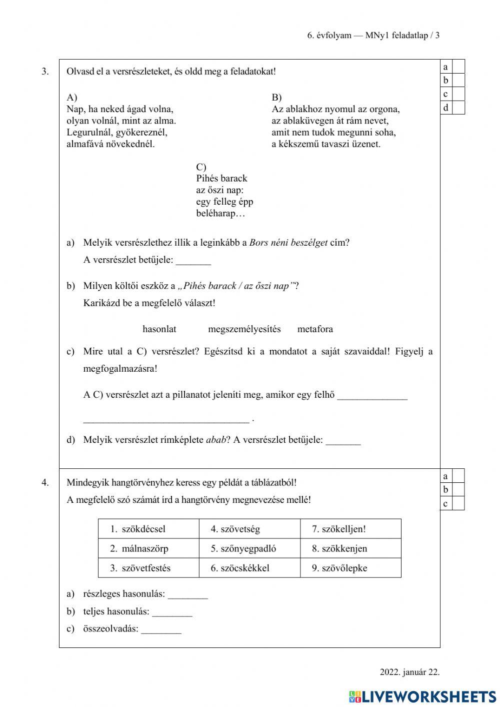 6. osztályos felvételi