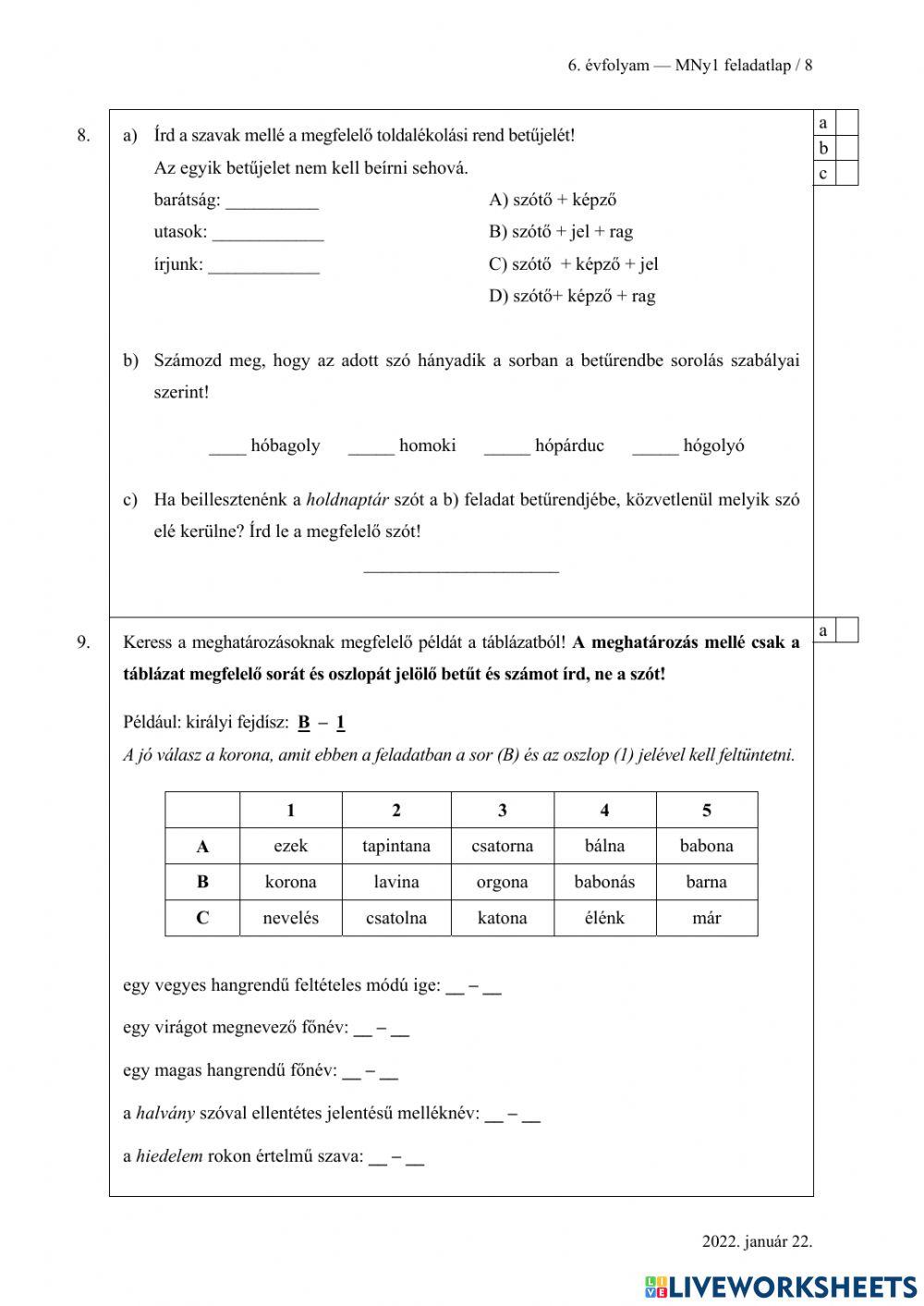 6. osztályos felvételi