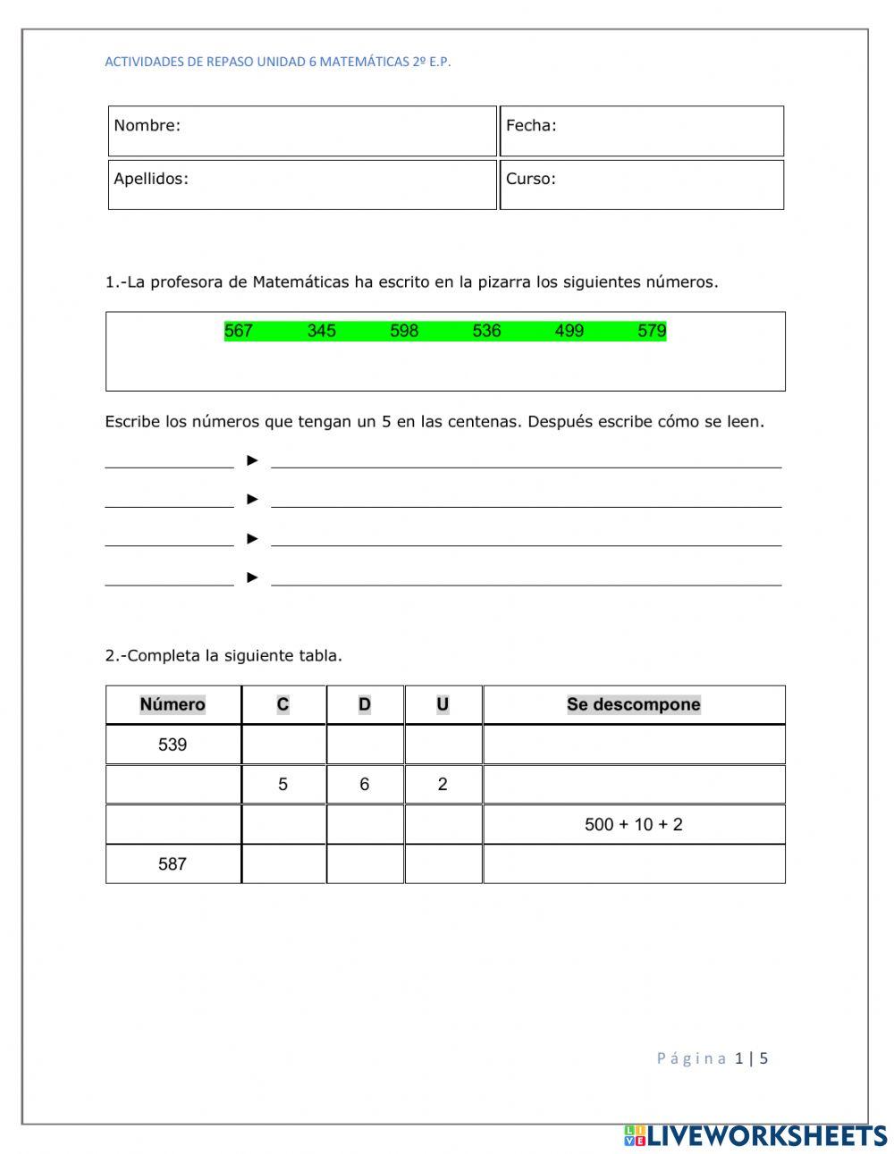 Unidad 6 matemáticas 2º Primaria