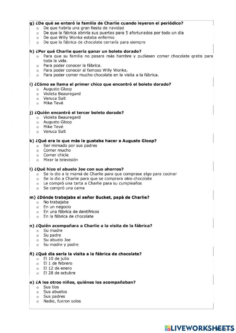 Test Charlie y la fábrica de chocolate