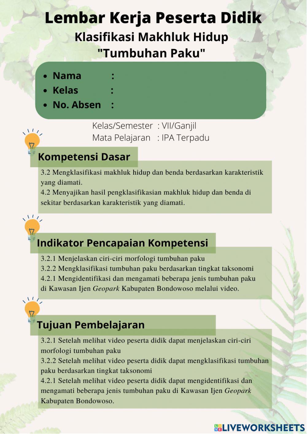 E-lkpd tumbuhan paku di kawasan ijen geopark kab. bondowoso