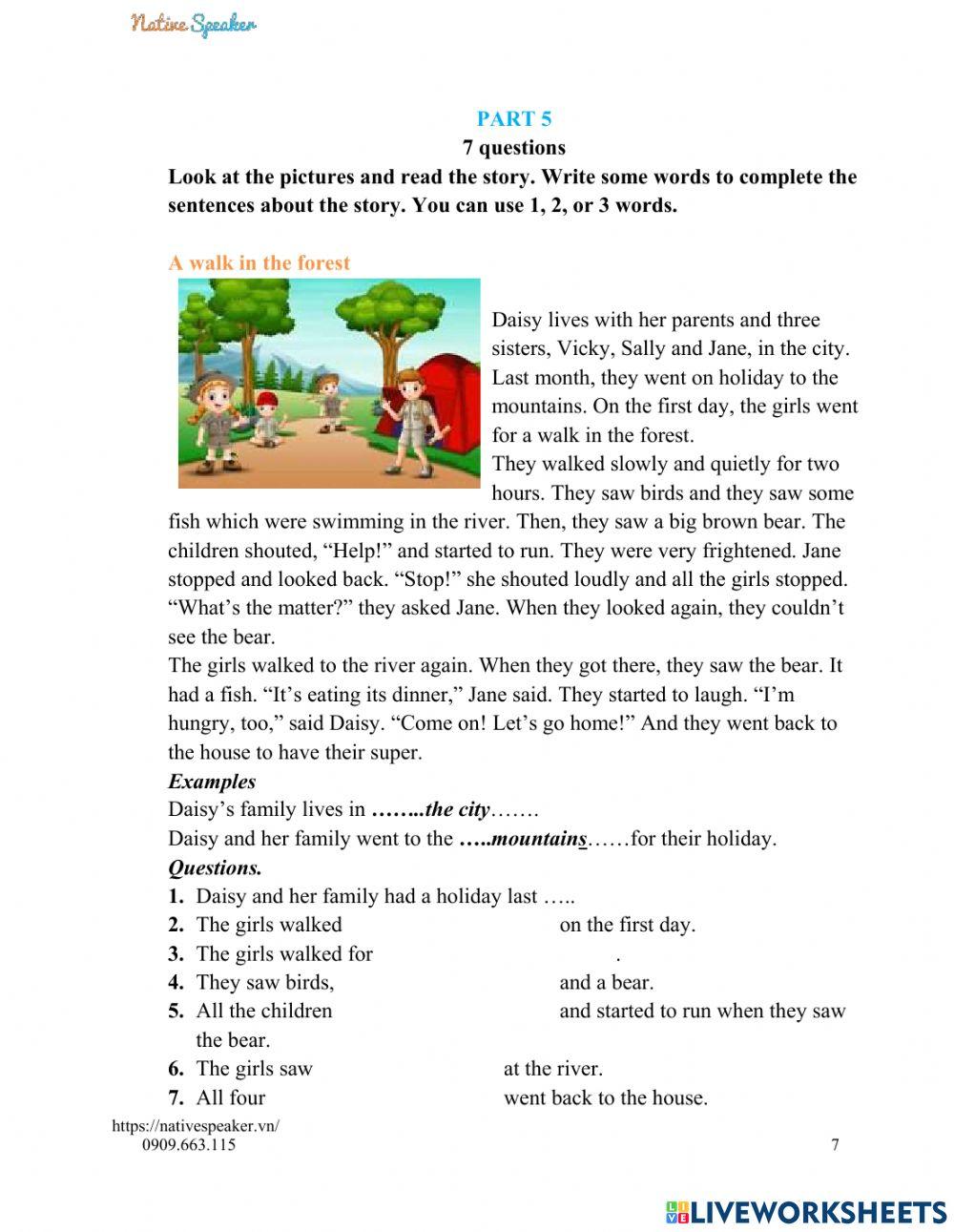 Movers - reading and writing test 1