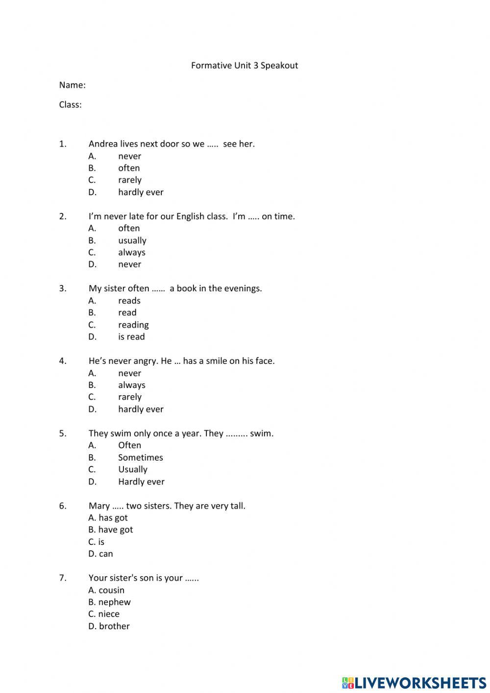 Quiz unit 3 speakout