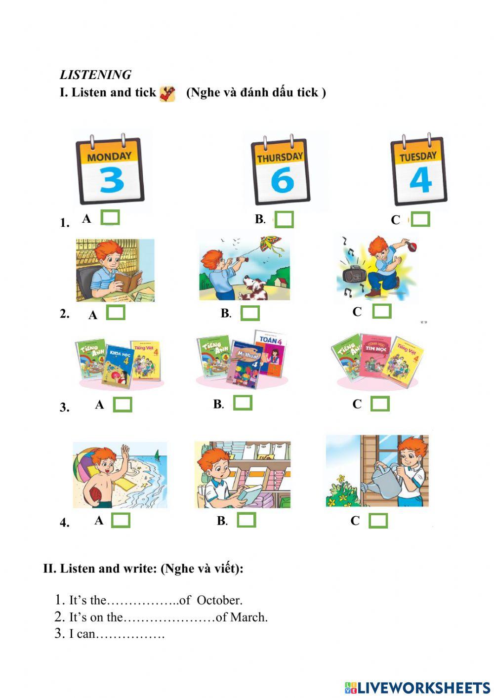 Ôn Listening  hk1 lớp 4