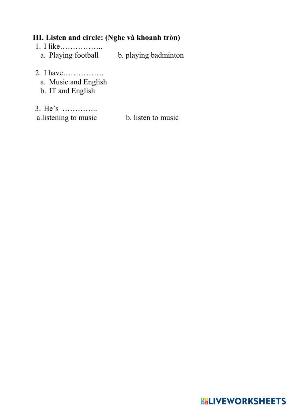 Ôn Listening  hk1 lớp 4