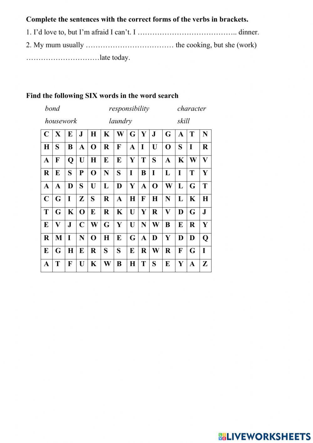 Wordsearch online exercise for 10 | Live Worksheets