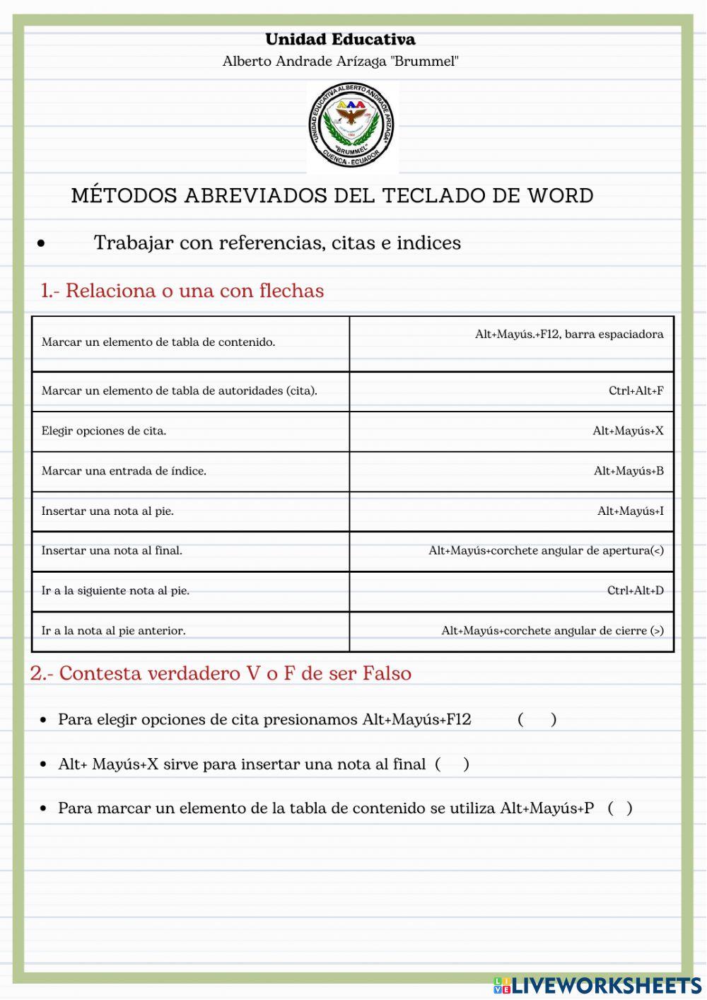 Métodos abreviados del teclado de word