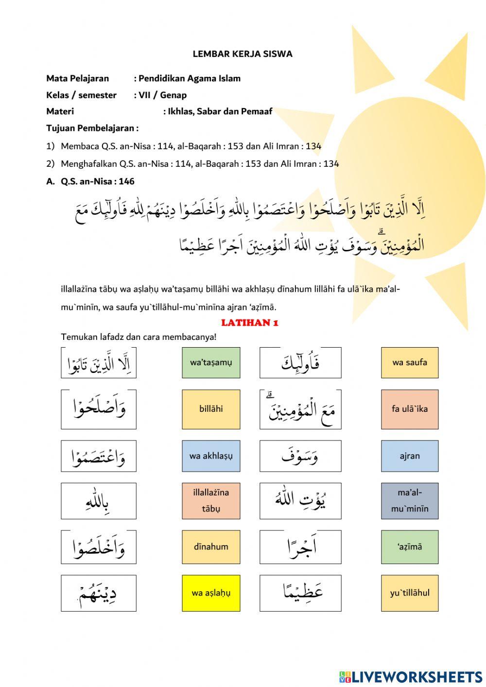 LKS MEMBACA IKHLAS, SABAR dan PEMAAF