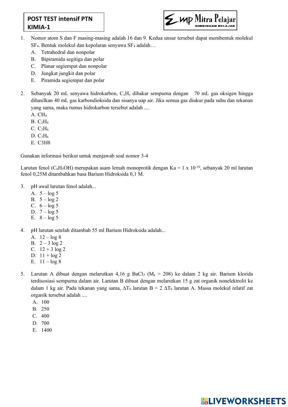 Post test intensif snbt kimia 1