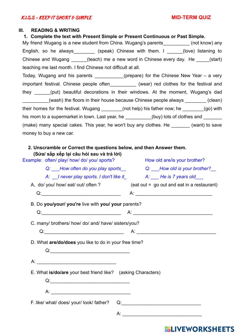Kiss english - mid term quiz