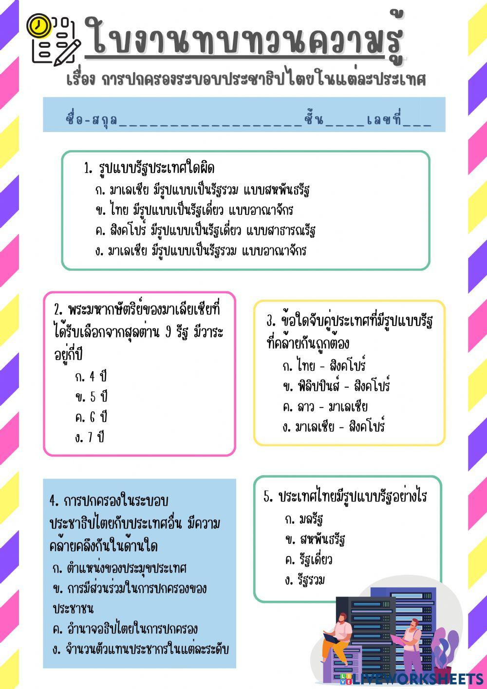 ใบงาน : การปกครองระบอบประชาธิปไตยในแต่ละประเทศ