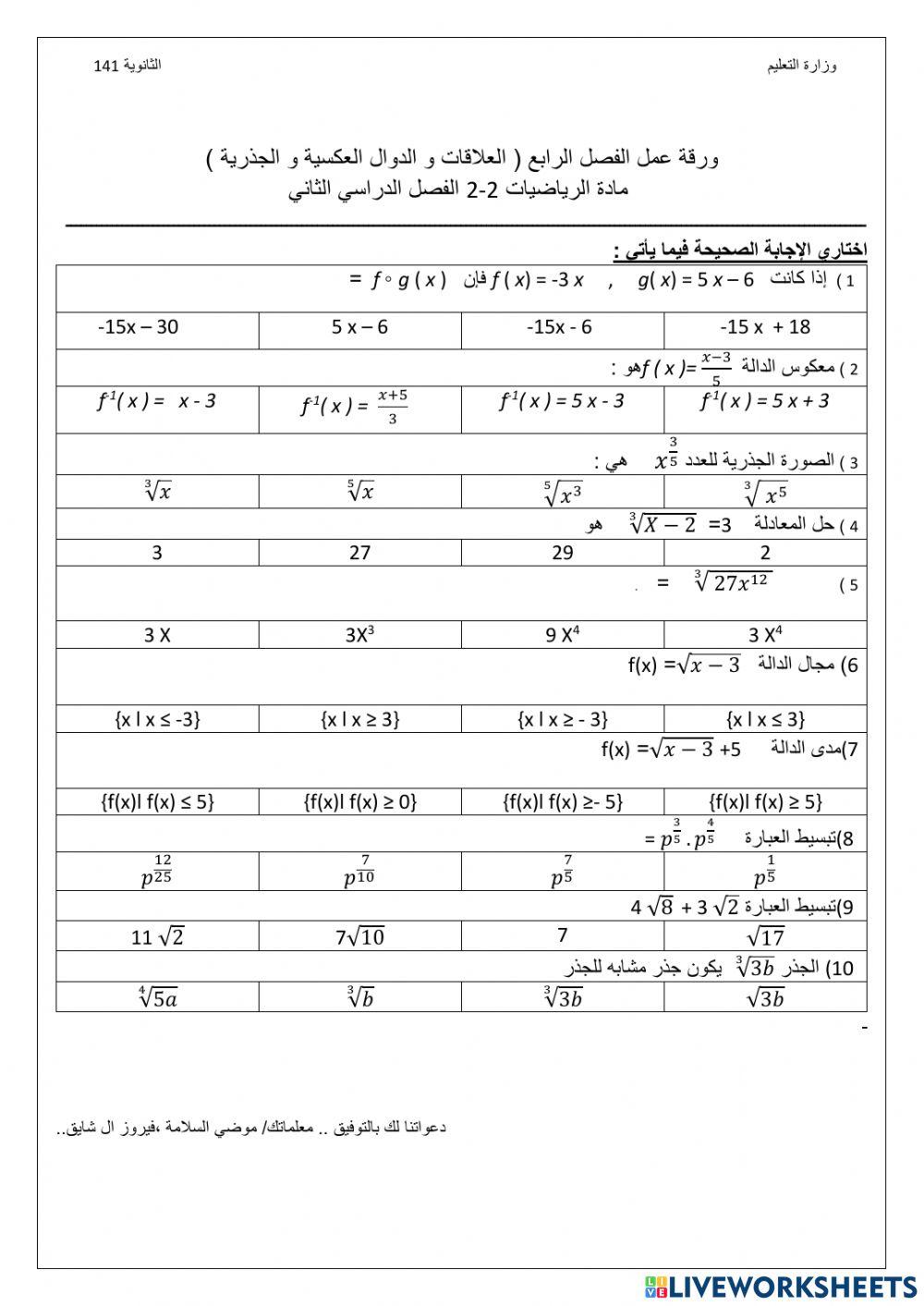 العلاقات و الدوال العكسية و الجذرية