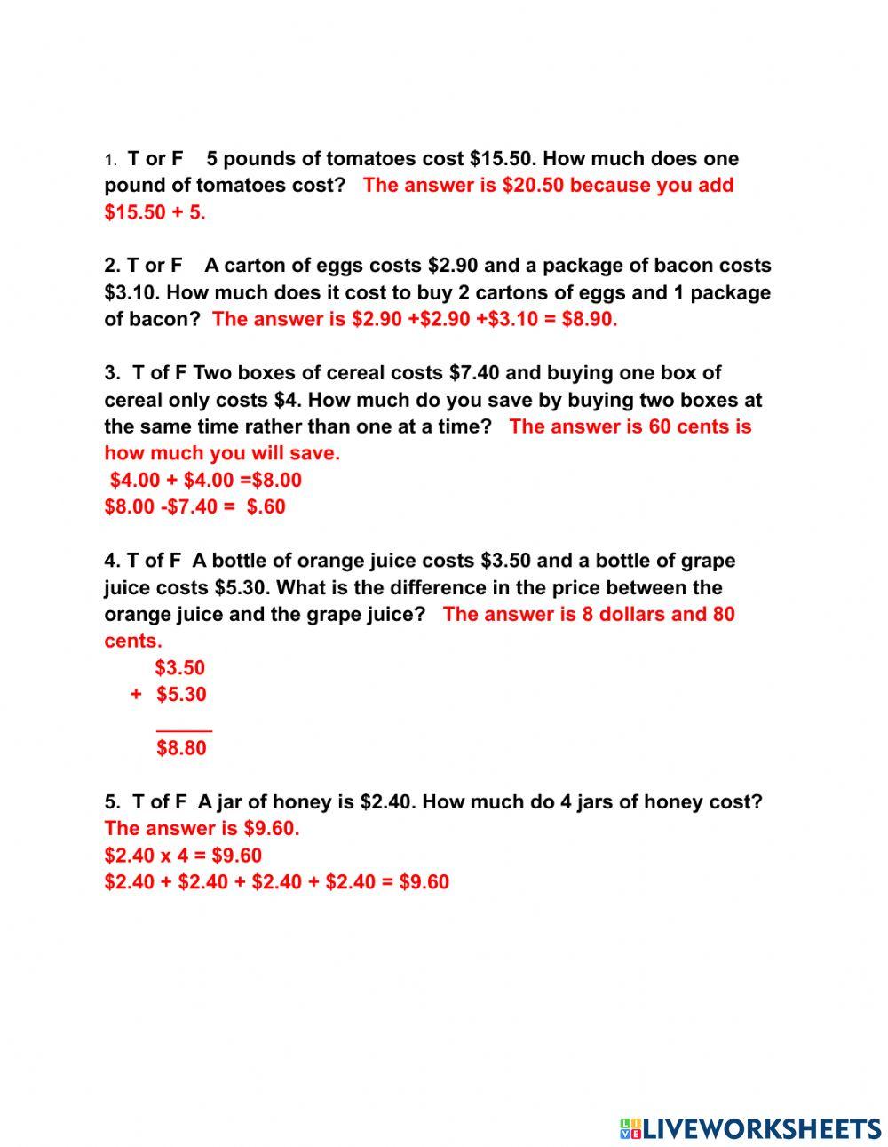 Solving money word problems page 3 worksheet live worksheets