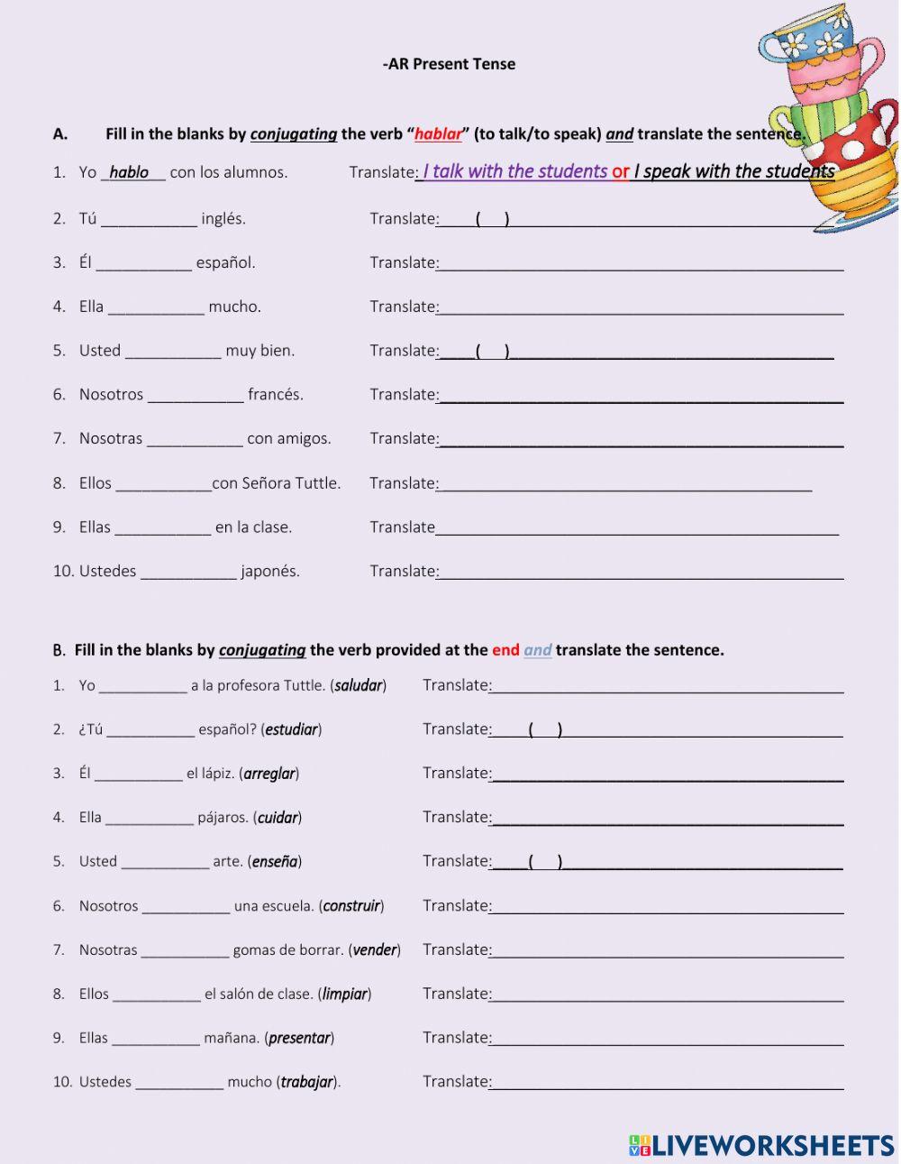 AR Present Tense Conjugation sentences