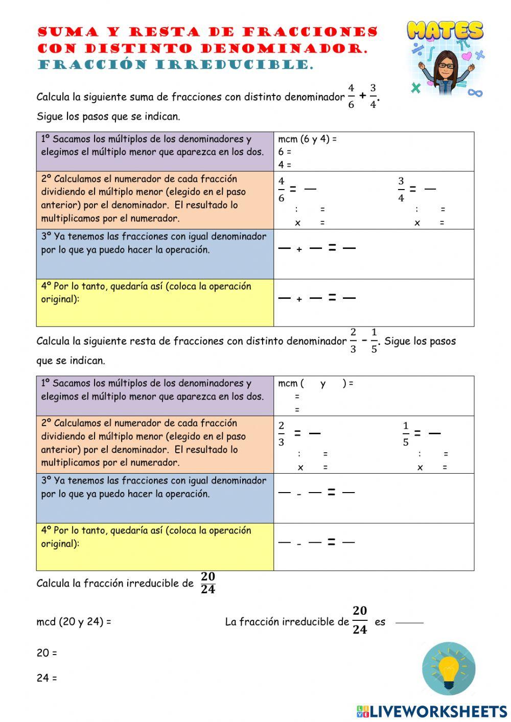 Suma y resta de fracciones con distinto denominador