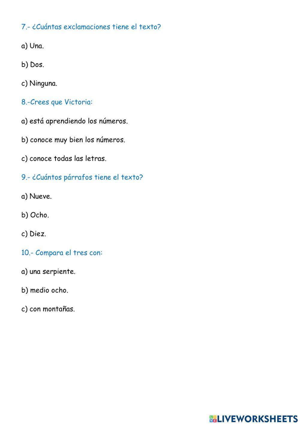 Comprensión lectora: Victoria y los números