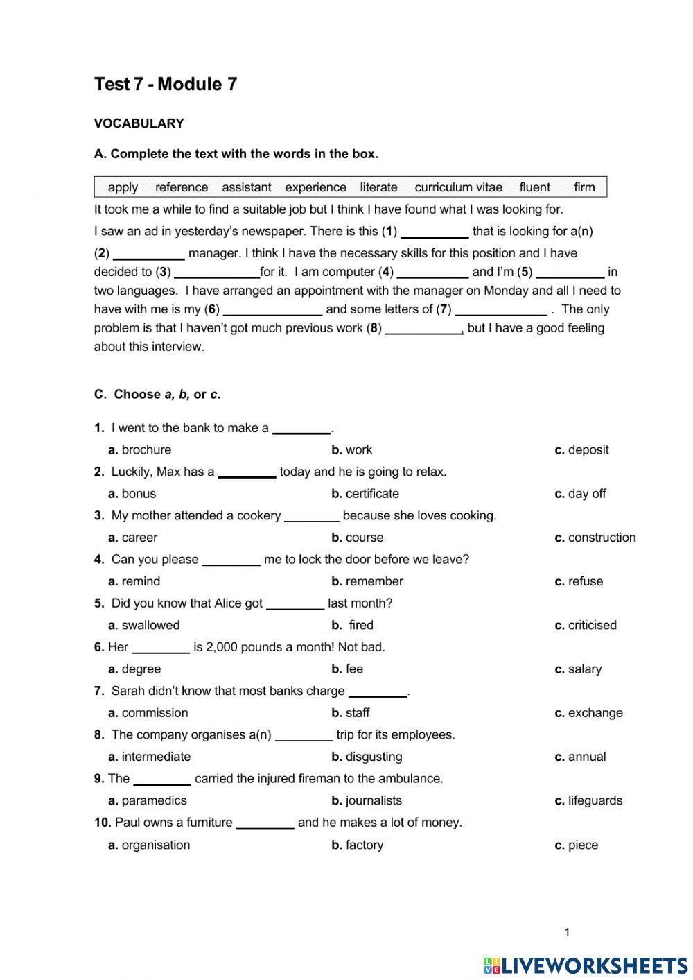 New destinations A2 Unit test 7