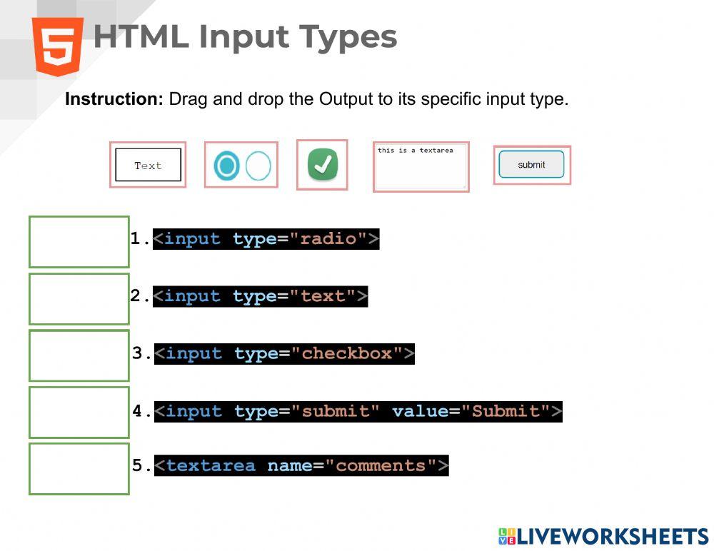 HTML Input Types activity worksheet | Live Worksheets