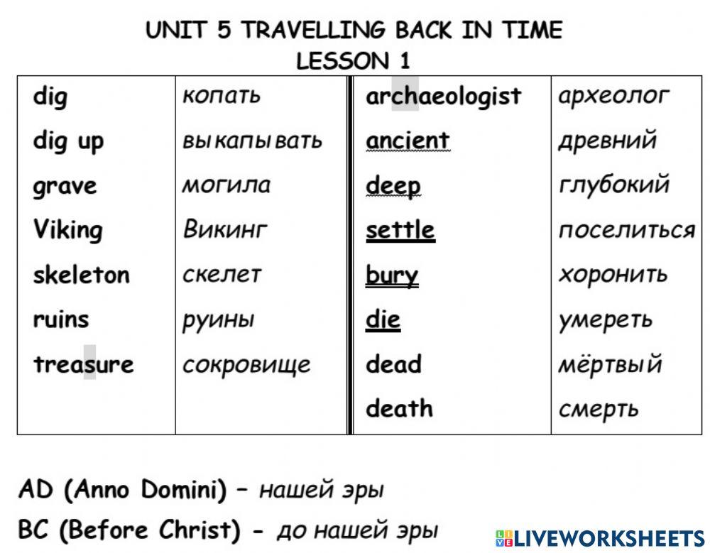 Travelling back in time Vocabulary
