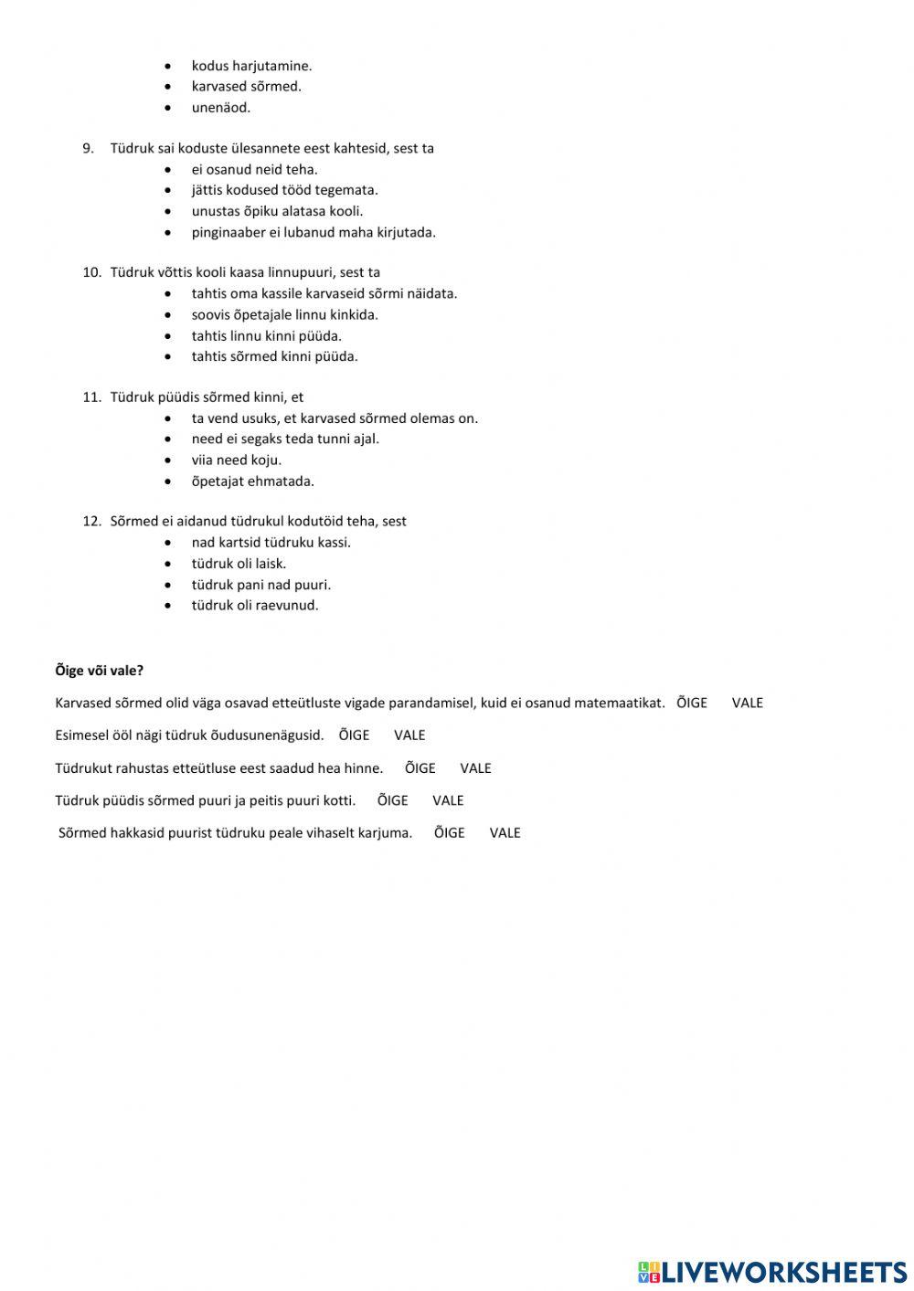 Lugemisülesanne -Karvased sõrmed-, tekst 4.kl Avita õpik lk 36-37