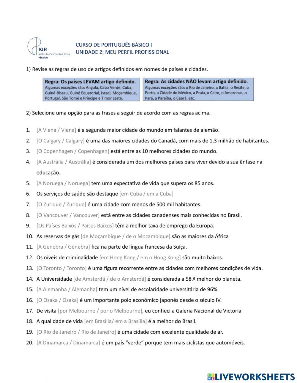 Artigo em nomes de cidades e países