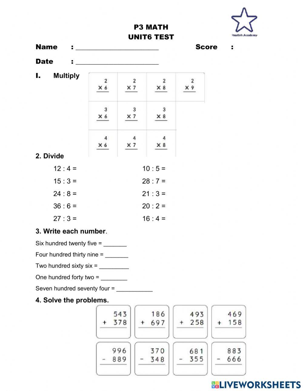 P3 unit 6 test add, multiply, divide