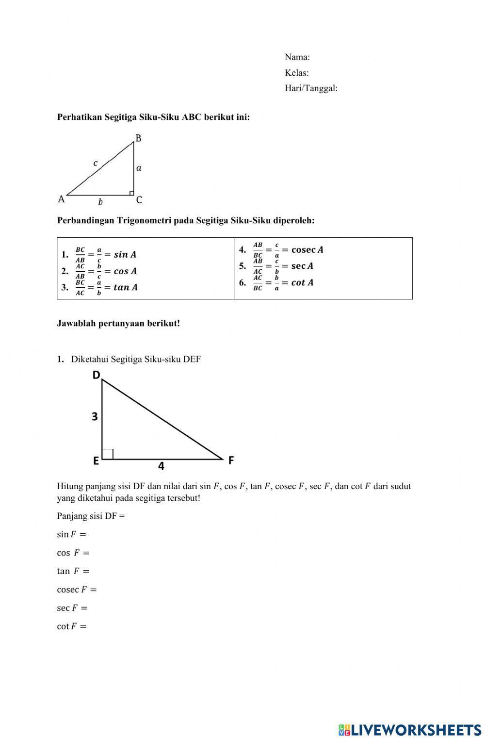 Perbandingan Trigonometri pada Segitiga Siku-Siku