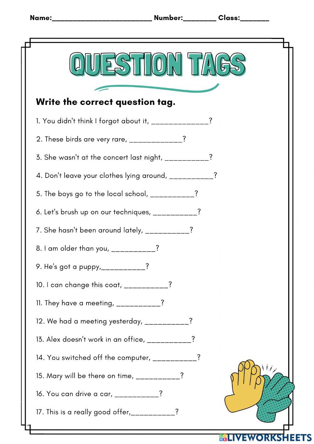 Question tags online exercise for 10 Live Worksheets