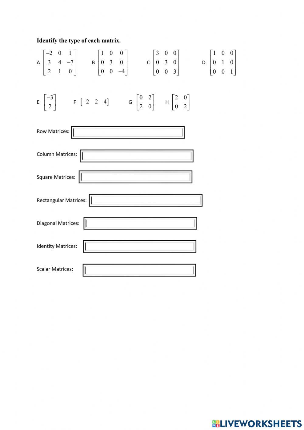 Matrix Worksheet worksheet | Live Worksheets